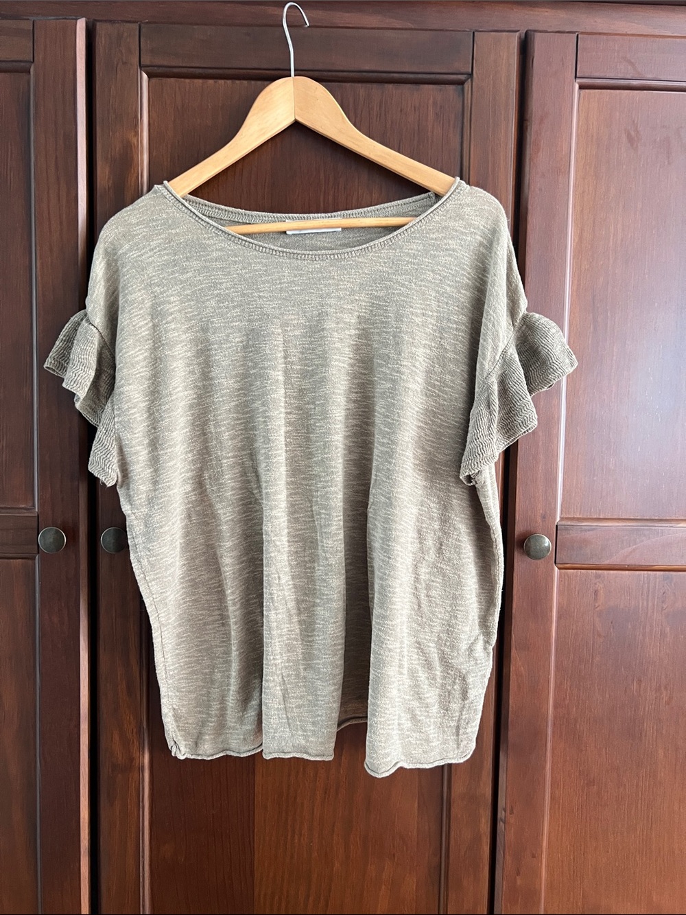 Zara Knit Heathered Olive Ruffle Flutter Sleeve Cotton Blend Sweater Top Size S